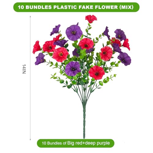 ADXORA 12 Bundles Morning Glory Artificial Flowers for Outdoor Decoration UV Resistant Fake Plastic Plants Artificial Greenery for Indoor Outdoor Garden Patio Window Box Home Decor - color: Red,dark Purple