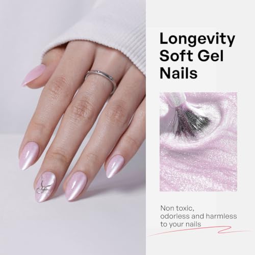 32Pcs Soft Gel Press on Nails for Women, Pink Cat Eye, Short Almond | Metal Chrome Bow Art False Fake Nails Press Ons for Office Daily Wear, Salon Quality Reusable Glue & Stick on Nail Gift Kit - color: 3H-Rose Sparkle
