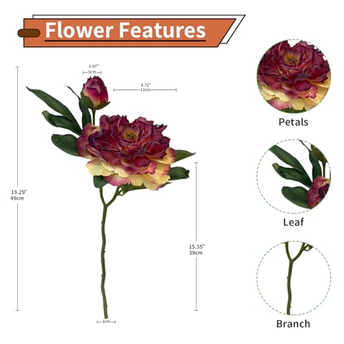 4 PCS Premium White Peonies Artificial Flowers,19.2’’Fake Faux Silk Peonies for Centerpieces Wedding Home Decor (4, Burgundy) - color: Burgundy