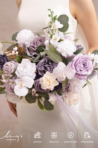 Ling's moment Lilac Wedding Bouquets for Bride, Purple Bridal Bouquets for Bride, 15 Inch Free Form Artificial Wedding Flower Bouquet - color: Prpl-lilac & Gold, size: Medium 15 Inch