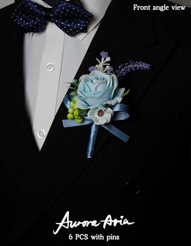 AuroraAria Light Blue Boutonniere for Men,Set of 6,Groom Boutonniere for Wedding,Anniversary,Homecoming,Formal Dinner Party,Wedding Decor,Artificial Light Blue Rose - color: Light Blue