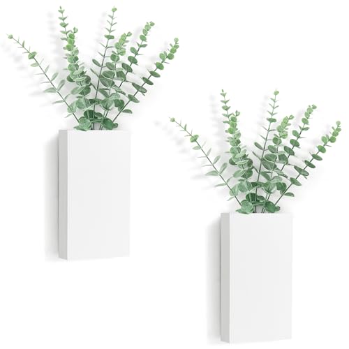 Dahey 2 Pack Wood Wall Planter Vase with Artificial Eucalyptus Farmhouse Wall Hanging Decor Pocket Planter for Indoor Fake Plants Greenery Flowers Living Room Bedroom Kitchen Home Decoration, White - color: White