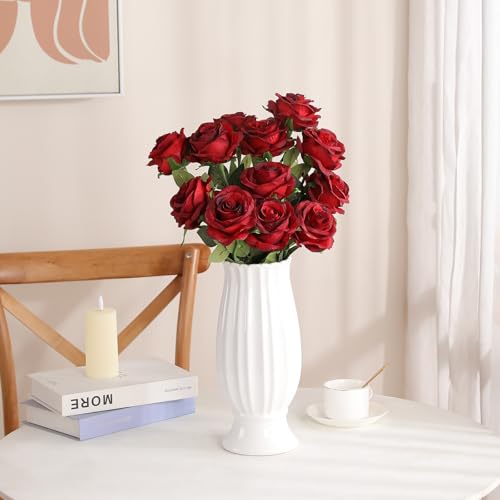 Luyue 10PCS Artificial Roses Flower with Stems Slik Fake Flowers Bouquet Realistic Long Stem Faux Rose for Valentines Day Wedding Home Decor - color: Gradient Burgundy
