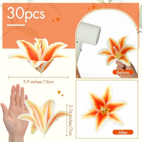 Suncalla 30 Pack Large Artificial Lilies Flower Heads with Realistic Stamens 5.9" Faux Fake Lily Flower Heads Bulk for DIY Crafts Cake Wedding Bridal Wreaths Table Home Party Decor (Orange) - color: Orange
