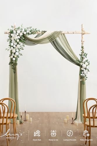 Ling's moment Wedding Arch Flowers with Drapes Kit-Pack of 5, 2pcs Flower Arrangements 3pcs Sheer Hanging Drapes Ceremony Arbor Backdrop Artificial Rose Floral Decor, White & Sage - color: Wht-white & Sage 2026
