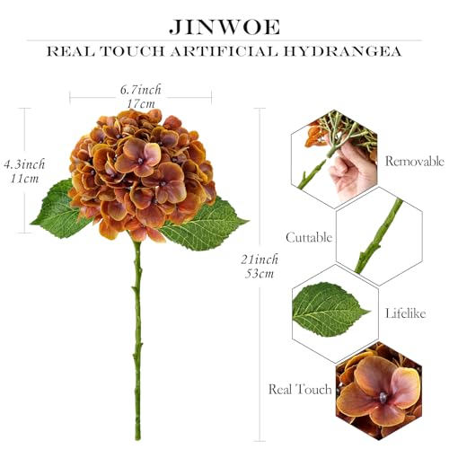 JINWOE Fall Hydrangea Artificial Flowers, 4Pcs 21” Latex Real Touch Flowers, Faux Silk Flowers Fake Artificial Hydrangeas with Stems for Bouquet Table Centerpieces Halloween （Raw Umber Brown） - color: Raw Umber Brown