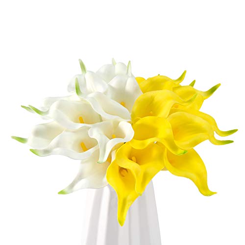 Crafjie 22pcs 13.4 Inch Lataex Real Touch Artificial Calla Lily Flowers, for Home Decor for Spring Flowers, Home Kitchen, Wedding Decorations, and centerpieces.（White and Yellow） - color: White and Yellow