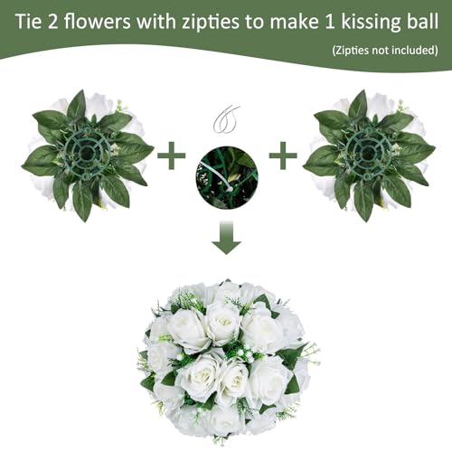 10Pcs Artificial Flower Ball Arrangement, 9.5" 15 Heads Wedding Roses Bouquet with Base Suitable for Parties Valentine's Day Wedding Centerpieces Flower Rack and Home Decor (White) - color: White