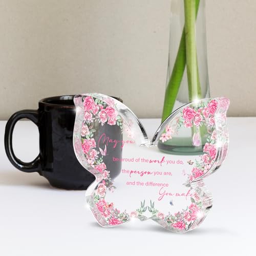 Thank You Teacher Appreciation Week Gifts for Women, Pink Butterfly Acrylic Sign Desk Table Decor, Mothers Day Gift for Mom, Graduation Retirement Party Present for Coworker Boss Nurses - color: White Red