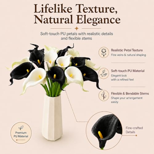 Mandy's 20pcs Black and White Calla Lily Artificial Flowers | 13.5 Inch PU Realistic Bouquet for Vase Elegant Home Decor Centerpiece Wedding Bridal Bouquet Table Decoration - color: Black and White