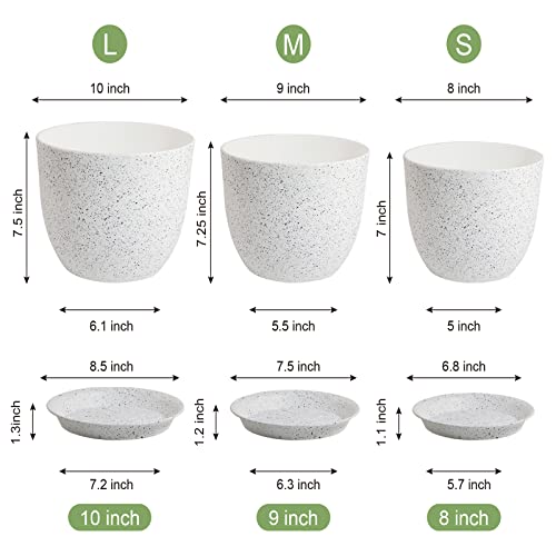 WOUSIWER Plant Pots 10/9/8 inch, Set of 3 Modern Decorative Plastic Planters with Drainage Holes and Saucers for House Plants Indoor Flowers Plants, White Speckles - color: White Speckles