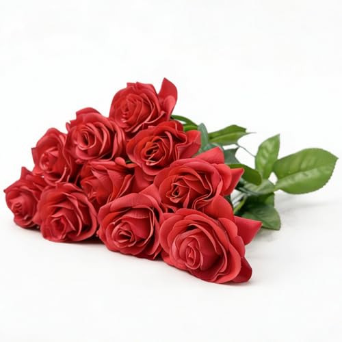 10 Pcs Real Touch Artificial Roses Fake Rose Long Stem Silk Faux Flowers Bridal Bouquet for Wedding Home Decor Romantic Valentine Gifts (Red) - color: Red