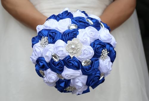Royal Blue and White Bridal Wedding Bouquet with Silver Brooch Bling Rhinestone Bouquet for Bride Bridesmaid Quinceanera Satin Rose Flower Bouquet Wedding Royal Blue and White 9.8in - color: Royal Blue & White(silver Brooch), size: Diameter: 9.8 inches