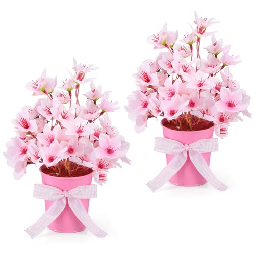 Suncalla 2 Pack Small Artificial Cherry Blossom Plant in Pots Faux Flower Potted Plants Pink Arrangement Rustic Home Decor 7.9" Tall for Sakura Japanese Table Centerpiece Windowsill Indoor Decor - color: Pink, style: Cherry