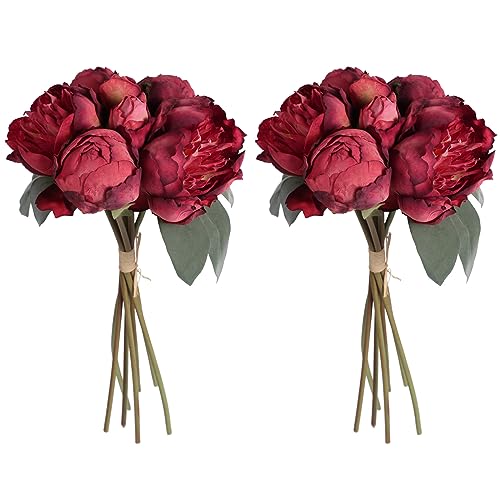2 Bouquets Red Peonies Silk Flowers 14Heads Faux Peony Flowers Red Fake Peonies Flowers Artificial for Decorations for Wedding Bouquets Bridal Shower Decorations Home Office Party Decor - color: Red