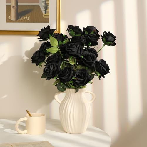 Nubry 24pcs Artificial Black Roses, Fake Silk Roses Flower with Long Stems, Realistic Flowers for Bridal Wedding Party Table Centerpiece Home Decor - color: Black