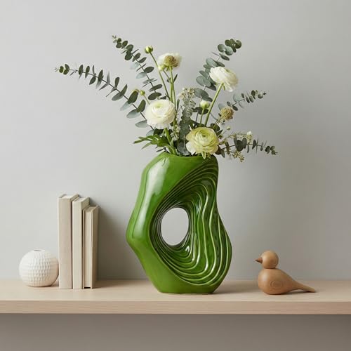 Sunddo Donut Green Ceramic Vase for Home Decor, 11 Inch Tall Modern Flower Vase for Pampas Grass, Unique Decoration Vases for Living Room, Shelf, Entryway, Fireplace Mantel, Console Decor - color: Green, size: 11 inch