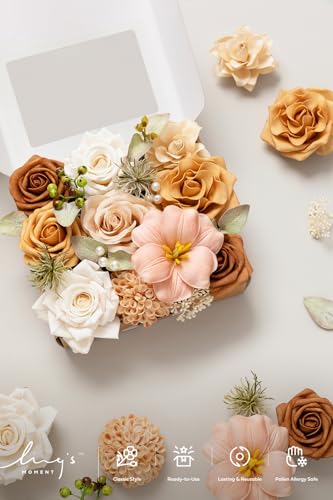 Ling's moment Fake Flowers Box, Faux Artificial Greenery Stems Foam Roses Dahlia Gardenia Tulip Silk Fabic Flower for Centerpieces Bouquet Wedding Vase Decorations, Apricot & Peach, Mini Combo - color: Apricot