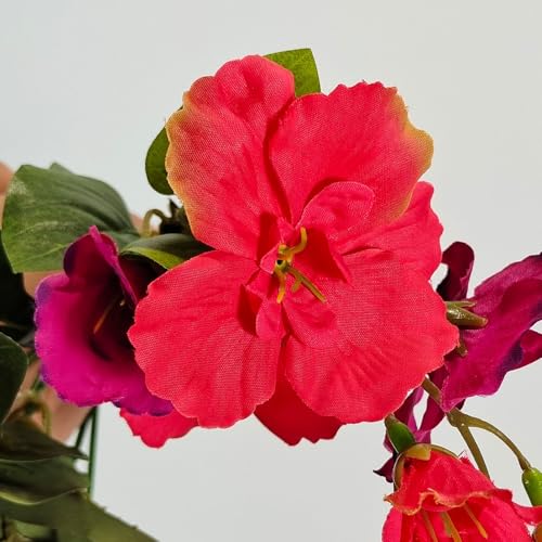 Artificial Fake Hanging Flowers Plants for Outdoor, Faux Silk Hibiscus Long Trailing Vines Realistic UV Resistant for Home Outside Front Porch Planter Patio Yard Decor (Red+Purple Red) - color: Red+purple Red