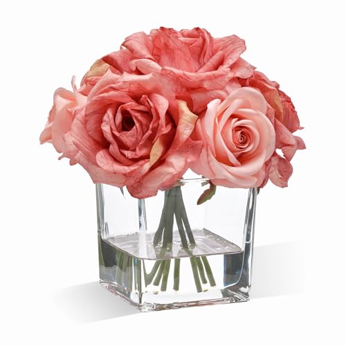 WELL KNOWN Rose Artificial Flowers in Vase with Faux Water, Silk Rose Table Centerpieces for Home Coffee Table Decor, Bean Pasty Pink Fake Rose Flower Arrangement for Wedding Office Hotel & Mom's Gift - color: Bean Pasty Pink