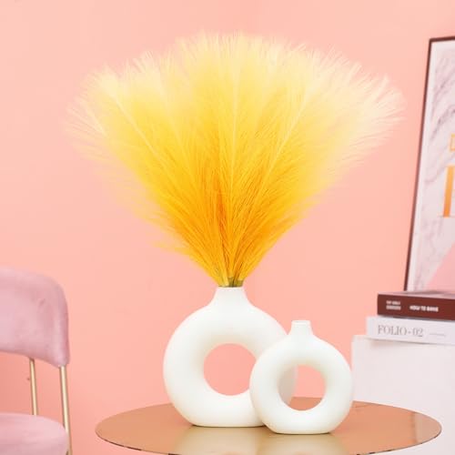 Ureymx Faux Pampas Grass Decor 17.7 Inch 6pcs, Pompas Grass Flower Arrangement and Vase Filler Artificial Pampas Grass Short Decor for Boho Home Wedding Decoration (Gradient Yellow) - color: Gradient Yellow, size: 17 Inch 6 Pcs