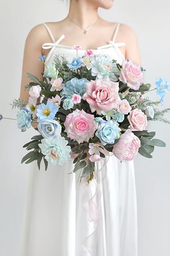 rongflower Artificial Flowers Combo Box Set Silk Flowers Fake Rose for DIY Floral Arrangements Wedding Bouquets Centerpieces Baby Shower Party Home Decorations (Blue Pink) - color: Blue Pink