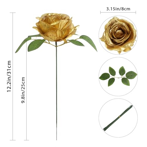 20pcs Gold Roses Artificial Flowers Fake Roses Real Looking Silk Flowers Bulk Big Faux Flowers with Stems for Wedding Centerpieces Table Home Party Decoration Bridal Floral Arrangement (Gold) - color: Gold