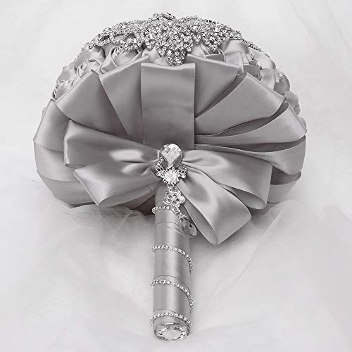 Handmade Luxury Wedding Bridal Bouquet Large Silk Rose Holding Toss Artificial Flowers Bouquets with Satin Ribbon Pearls Rhinestone for Bride Vintage Royal Wedding Bouquet (Silver) - color: Silver