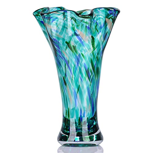 9.0" H Teal Glass Vases for Flowers, Unique Hand Blown Glass Vase Green Home Decor, Wide Mouth Colorful Flower Vase Centerpieces, for Living Room Table Bookshelf, Bathroom Office Shelf Decorative - color: Teal