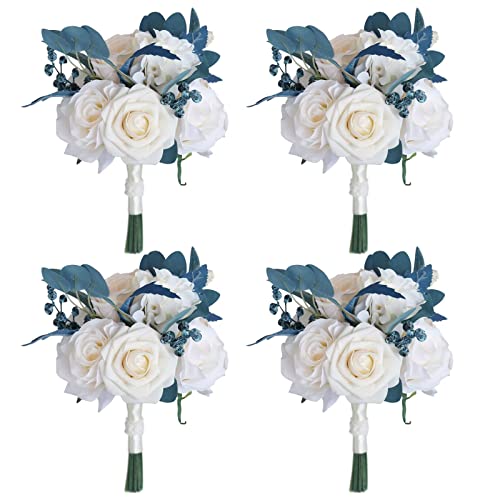 MOJUN Wedding Bouquet for Bridesmaids Set of 4, Artificial Rose Bride Bouquets for Wedding Dusty Blue Flowers Bouquets Romantic Wedding Bouquets for Valentine's Day Party, 4 Pack - color: Dusty Blue Bouquet B 4pack