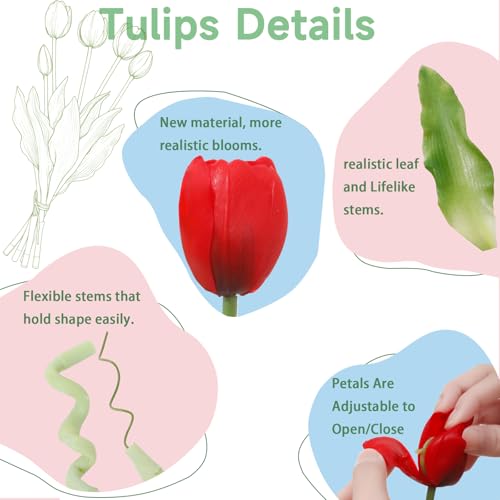 15 Pcs Red Artificial Tulips Fake Flowers, Premium Latex Lifelike Texture, UV Resistant Waterproof Faux Tulip Bouquets with Snap-on Petals for Outdoor, Home, Wedding Decor - color: Red