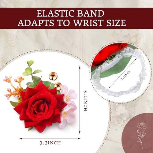 Sherr Red Set of 12 Rose Wrist Corsages for Wedding Corsage Flower Wristlet Floral Wedding Wrist Bridal Rose Leaf Hand Flowers for Bride Bridesmaid Prom Engagement Festival - color: Red