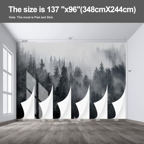 Misty Forest Landscape Large wall murals Woodland Tree Peel and Stick self Adhesive Wallpaper for Bedroom Living Room - 96"x137" - color: F03, size: 96"x137"