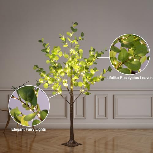 LIGHTSHARE 4FT Lighted Eucalyptus Tree 126L Warm White LED Artificial Greenery with Lights for Wedding Holiday Home Party Decoration Indoor Outdoor - size: 4ft