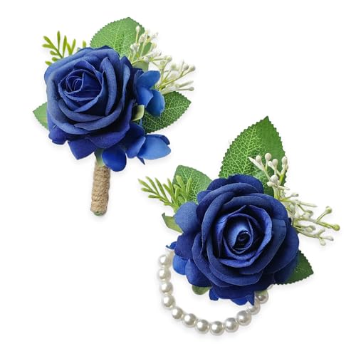 Athens Blue Rose Corsage and Boutonniere Set Wristlet Corsage for Bride Bridesmaids, Boutonniere for Groom Groomsmen Prom Wedding Flowers Accessories,Homecoming, Anniversary, Graduation (Athens Blue) - color: Athens Blue