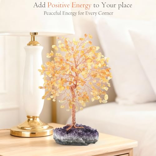 Gemstone Crystal Tree of Life,Natural Citrine(406 Stones Count) with Amethyst Cluster Base,Chakra Healing Crystals Positive Energy Fengshui Bonsai Money Tree Gift 8.5"-9" - color: Citrine With Amethyst Cluster Base