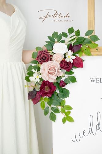 Wedding Decor (Pack of 2) Welcome Sign Flower Backdrop Garland for Ceremony Reception Wall Easel Home Decoration Entryway Faux Outdoor Board Head Table Decor (Burgundy & Dusty Rose) - color: Burgundy & Dusty Rose