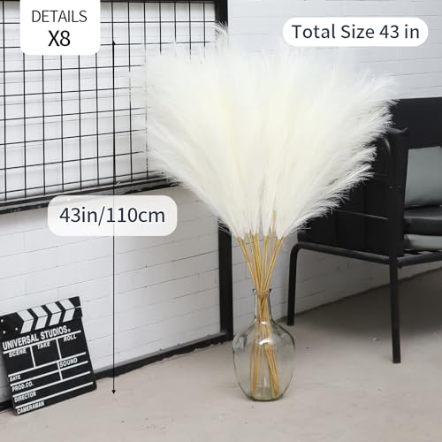 43" White Pampas Grass Fluffy - 8 PCS Tall Faux Pampas Grass Decor Artificial Pompas Grass for Floor Vase Filler Wedding Boho Home Baby Shower Mothers Day Decoration - color: Cream White