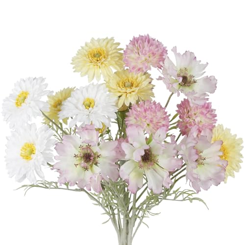 CISDUEO 4 Pcs Artificial Wildflowers Fake Cosmos with Long Stem Silk Flower Mums Artificial Flowers Arrangements for Wedding Bridal Bouquet Table Centerpiece Outdoor Summer Spring Decor - color: Yellow, White, Pink