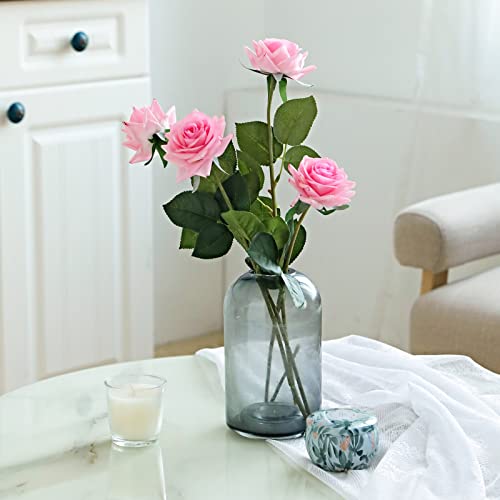 ZMZQ&flw Pink Roses Artificial Flowers 12PCS, Real Touch Silk Flowers, Realistic Single Fake Flower with Individual Stems Leaves - color: Pink 12pcs