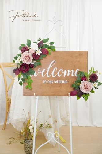 Wedding Decor (Pack of 2) Welcome Sign Flower Backdrop Garland for Ceremony Reception Wall Easel Home Decoration Entryway Faux Outdoor Board Head Table Decor (Burgundy & Dusty Rose) - color: Burgundy & Dusty Rose