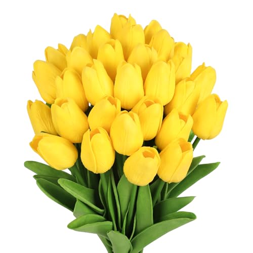 MACTING Yellow Artificial Tulip Flowers - 13.7" 30PCS Real Touch Fake PU Tulips Bouquet Faux Flowers for Floral Arrangements Table Centerpieces Kitchen Indoor Home Mothers Day Decorations - color: Yellow