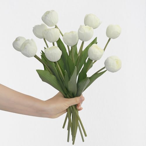 12 Pcs 15 Inch White Silk Artificial Tulips for Home Wedding Decor | Faux Tulips with Realistic Layered Petals for Home Office Decor, Wedding Parties Baby Shower Table Centerpiece - color: White