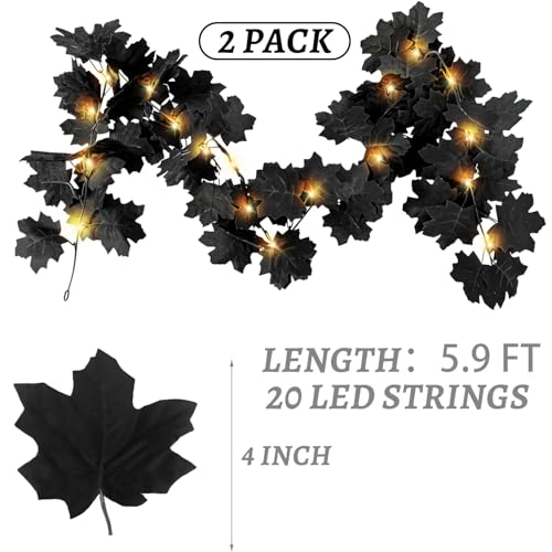 Black Leaf Garland with Yellow Lights, 2 Pack Halloween Artificial Hanging Fall Leave Vines with 20 LED, Fall Floral Garlands Thanksgiving Decor for Home Wedding Party (11.8FT) - color: 2 Black With 2 Yellow Lights