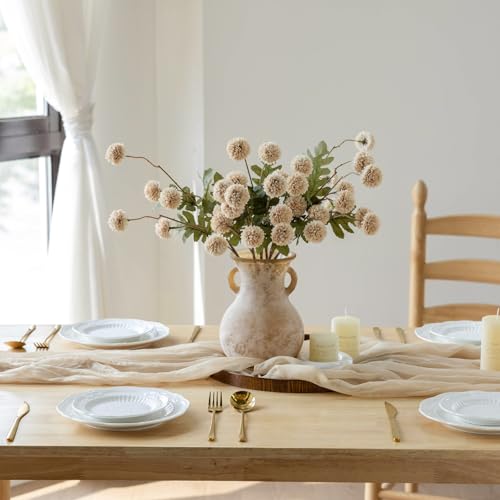 mizii 6Pcs Beige Fake Silk Pompon Mum Artificial Flowers Bulk Small Faux Chrysanthemums with Stems Realistic Floral Decorations for Wedding DIY Bouquet Centerpieces Shower Vase Home Decor (Beige) - color: Beige