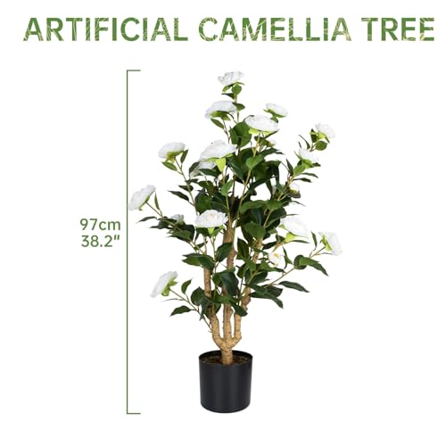 MARCH WIND 3FT White Artificial Camellia Plants 2 Pack with Pots, Faux Flowering Tree for Indoor Outdoor Home Decor, Tall Fake Potted Plant for Living Room, Office, Balcony - size: White Camellia - 3FT