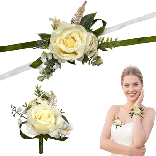 White Ivory Corsage and Boutonniere Set for Bride Groom, Artificial Rose Flowers Wrist Corsage Bracelets Homecoming Flower Prom Suit Accessories Boutonniere for Wedding Prom Party Decorations - color: White