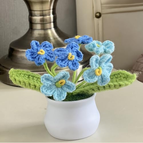 Artificial Crochet Flowers, Handmade Knit Floral Arrangements for Home Decor, Wedding Bouquet Centerpiece Gift for Mother’s Day, Birthday, Anniversary, Kitchen, Office Desk (Blue-A) - color: Blue-a