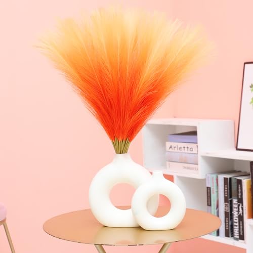 Ureymx Faux Pampas Grass Decor 17.7 Inch 30pcs, Pompas Grass Flower Arrangement and Vase Filler Artificial Pampas Grass Short Decor for Boho Home Wedding Decoration (Gradient Orange) - color: Gradient Orange, size: 17 Inch 30 Pcs