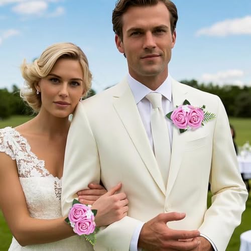 2PCS Pink Rose Wrist Corsage Wristlet Band and Men Boutonniere Set, for Wedding Anniversary Ceremony Artificial Flowers Accessories Prom Party Suit Decorations - color: Pink